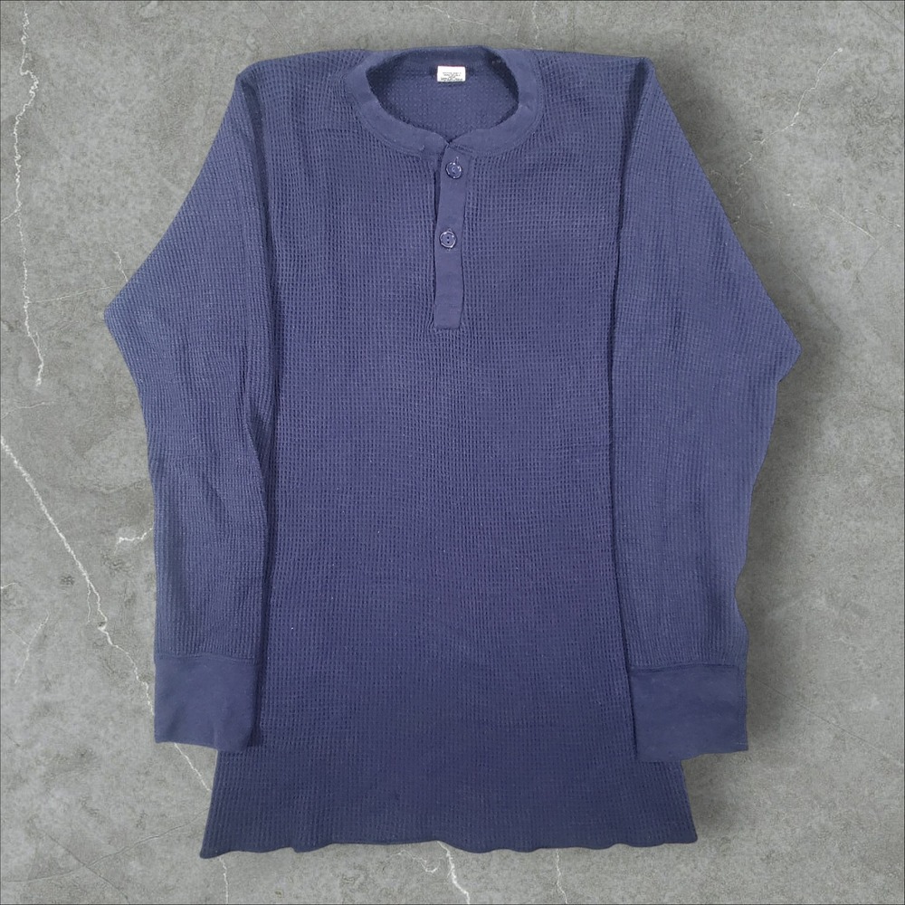 Hanes Thermal Henley Men XL Navy Blue Waffle Knit Long Sleeve Made USA 70s 80s